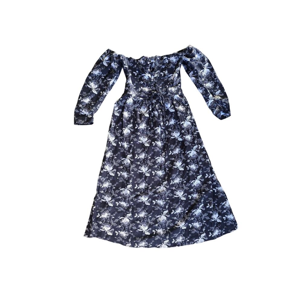 The Lulo Project Cleo Dress Black Floral Lace Corset Tie Front Smocked Back Sm‎